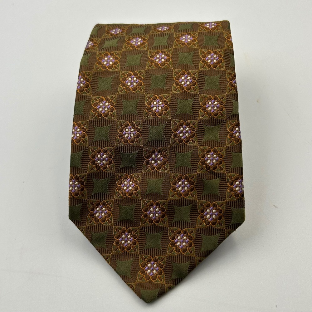 Daniel Cremieux Silk Necktie Mens OS Brown Green Floral Geometric Dark Academia